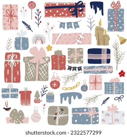 Christmas set for decorating postcards and invitations and posters. Gifts, flowers, bows, candles, Christmas decorations.