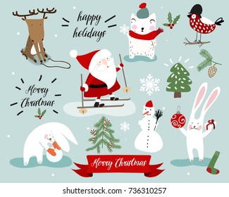 Christmas set decoration animals and other elements. Vector illustration