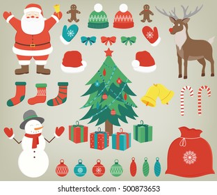 Christmas set with decoration elements. Hand drawn. Vector