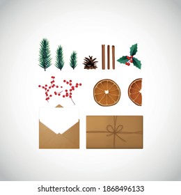 Christmas set decorations. 3d realistic fir tree branches, red berries, craft gift box, craft envelope, pine cones, dry orange slices and cinnamon. Merry Christmas and Happy New Year.