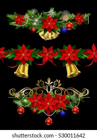 Christmas set of decorations with evergreen treess holly and pinecone and poinsettia ribbon isolated and matching seamless borders