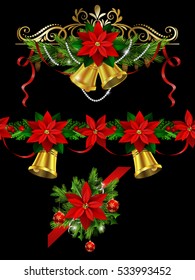 Christmas set of decorations with evergreen treess holly and pinecone and poinsettia ribbon isolated and matching  borders
