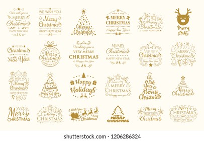Christmas set with decorations and greetings. Vector.