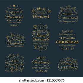Christmas set with decorations and greetings. Vector.