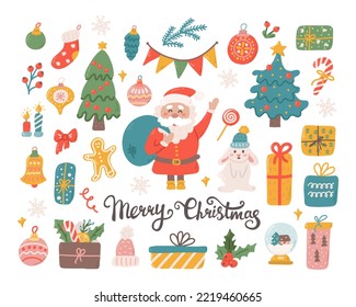 Christmas set of decorative elements and characters for design. Santa Claus, rabbit, Christmas toys and gifts. Vector flat illustration on white background in hand drawn style.