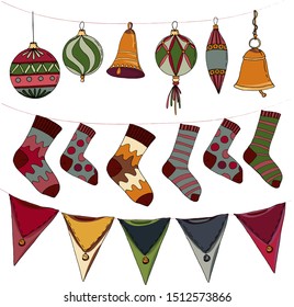 Christmas set with decorative elements, socks, Christmas toys, bags for gifts . Christmas isolate on white background. Flat cartoon style vector Decorative elements set.