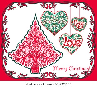 Christmas set: decorative christmas tree, Love Hearts on rope and frame. Good for greeting card for birthday, invitation or banner. Stock line vector illustration.