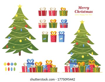 Juego de Navidad de artículos decorativos de invierno - juguetes, cajas de regalo, bolas, guirnaldas, árboles de Navidad sobre un fondo blanco. Ilustración vectorial con estilo de dibujos animados planos.