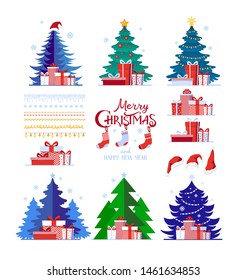 Christmas set of decorative winter objects. Christmas trees, gift boxes, garlands, socks isolated on white background. New Year collection in flat cartoon style for greeting card. Stock vector.