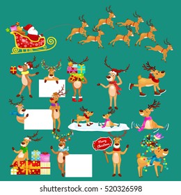 christmas set of deer with banner isolated, happy winter xmas holiday animal greeting card, helper reindeer vector illustration, Santa in his sled being pulled by animals