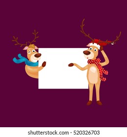 christmas set of deer with banner isolated, happy winter xmas holiday animal greeting card, santa helper reindeer vector illustration
