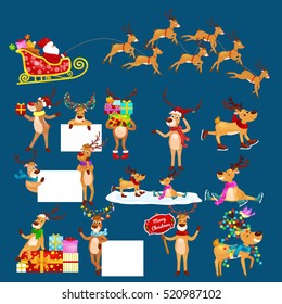 christmas set of deer with banner isolated, happy winter xmas holiday animal greeting card, helper reindeer vector illustration, Santa in his sled being pulled by animals