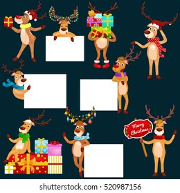 christmas set of deer with banner isolated, happy winter xmas holiday animal greeting card, santa helper reindeer vector illustration