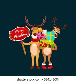christmas set of deer with banner isolated, happy winter xmas holiday animal greeting card, santa helper reindeer vector illustration
