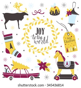 Christmas set with with deer, pony, cake, socks, car, toys, tree and tag. Template for Stickers, Greeting Scrapbooking, Congratulations, Invitations.