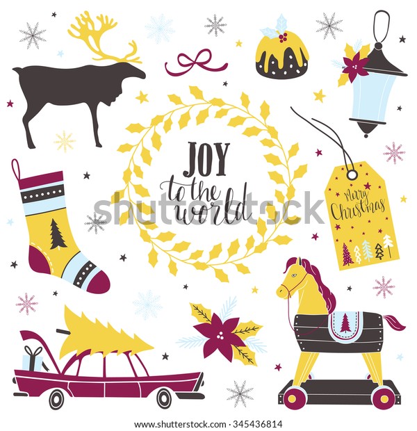 Christmas set with with deer, pony, cake,\
socks, car, toys, tree and tag. Template for Stickers, Greeting\
Scrapbooking, Congratulations,\
Invitations.