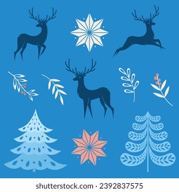 Christmas set with deers, trees, plants and stars on blue background. 