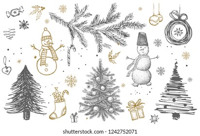 Christmas set design doodle elements with Merry Christmas