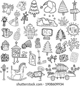 Christmas set. Design elements, childish. Cute cartoon style. New Year's cards. Comfort, clothes, things, symbols, toys. Scandinavian style. Coloring pages. Clip-art, advertising.