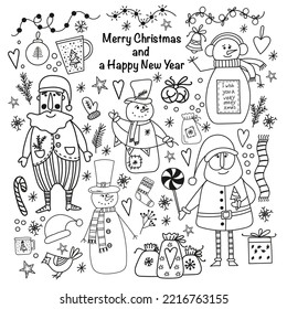 Christmas set. Design elements, children s. Cute cartoon style. New Year cards. Comfort, clothes, things, symbols, toys. Doodle style. coloring pages. Black outline isolated on white background