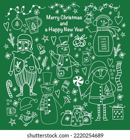 Christmas set. Design elements, children s. Cute cartoon style. New Year cards. Comfort, clothes, things, symbols, toys. Doodle style. coloring pages. white outline isolated on green background