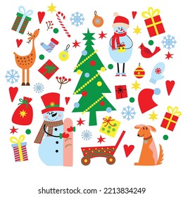 Fiesta de Navidad. Elementos de diseño, niños. Estilo de dibujos animados. Tarjetas de Año Nuevo. Confort, ropa, cosas, símbolos, juguetes. Estilo plano. Imágenes prediseñadas, publicidad.