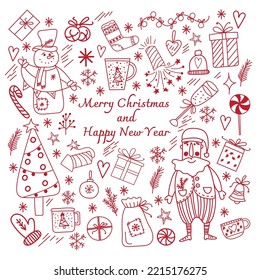 Christmas set. Design elements, children's. Cute cartoon style. New Year cards. Comfort, clothes, things, symbols, toys. Flat style. Clip art, advertising.