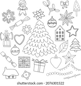 Christmas set. Design elements. Cute cartoon style. New Year's cards. Comfort, things, symbols, toys. Scandinavian style. Coloring pages. Clip-art, advertising