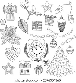 Christmas set. Design elements. Cute cartoon style. New Year's cards. Comfort, things, symbols, toys. Scandinavian style. Coloring pages. Clip-art, advertising