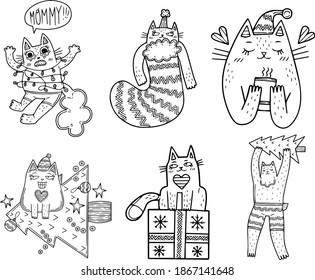 Christmas set. Design elements, illustrations for children. Cute cartoon style. New Year cards. Pets, cats. Isolated on a white background. Scandinavian style. Coloring pages.