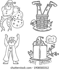 Christmas set. Design elements, illustrations for children. Cute cartoon style. New Year's cards. Santa claus, dimokhod, bag of gifts, animals. Scandinavian style. Coloring pages. Clip art. Humor.