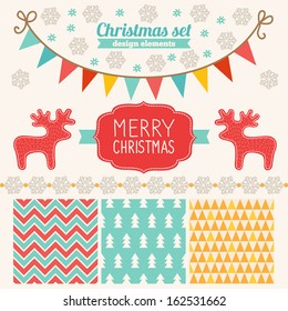 Christmas set of design elements - patterns, label, snowflakes, garlands