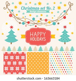 Christmas set of design elements - patterns, label, snowflakes, stars, garlands 