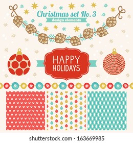 Christmas set of design elements - patterns, label, snowflakes, garlands 