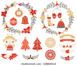 Christmas set with design elements in red, gold and black colors - flower wreaths, floral laurels, mittens, hat, stocking, ornaments, snowflakes, angel, trees and banners