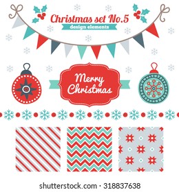 Christmas set of design elements - seamless patterns, label, border, snowflakes, garland, balls. Perfect for winter wallpaper, gift paper, textile, Christmas and New Year greeting cards