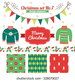 Christmas set of design elements - seamless patterns, label, snowflakes, garland, header, border, sweaters, poinsettia, branches. Perfect for for creating collages, decorating wishes, greeting cards