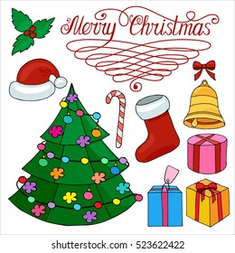 Christmas set of design elements with christmas tree, bell, Santa Claus hat, lettering, holiday decorations, sock, boxes with gifts. Hand drawn colored vector design elements.
