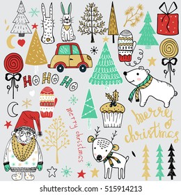 Christmas set of design elements with christmas trees,santa,letering, flowers, spruce branches, leaves and berries, snowflakes and  christmas decorations.Hand drawn design elements.
