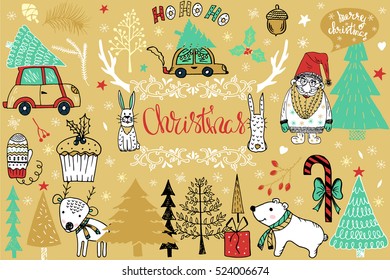 Christmas set of design elements with christmas trees,santa,letering, flowers, spruce branches, leaves and berries, snowflakes and  christmas decorations.Hand drawn design elements.