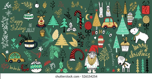 Christmas set of design elements with christmas trees,Santa,lettering, flowers, spruce branches, leaves and berries, snowflakes and  christmas decorations.Hand drawn design elements.