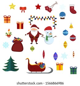 . Christmas set for design of postcards and banners. Vector flat illustration  with Santa Claus, snowman, bag of gifts, Christmas tree, gifts, garland, sleigh, candle. Isolated on white background
