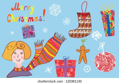 Christmas set of details with girl and greeting