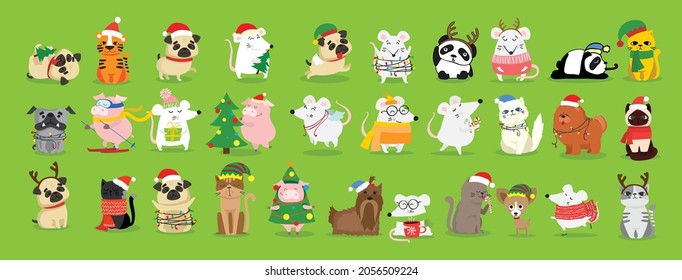 Christmas set of different animals and christmas symbol of the year tiger, rat, cat, dog with gifts and other