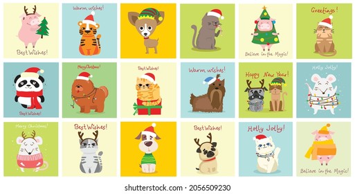 Christmas set of different animals and christmas symbol of the year tiger, rat, cat, dog with gifts and other