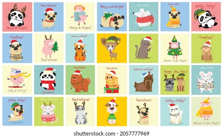 Christmas set of different animals and christmas symbol of the year tiger, rat, cat, dog with gifts and other