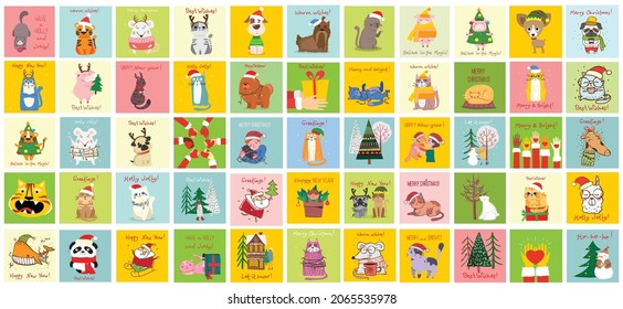 Christmas set of different animals and christmas symbol of the year tiger, rat, cat, dog with gifts and other