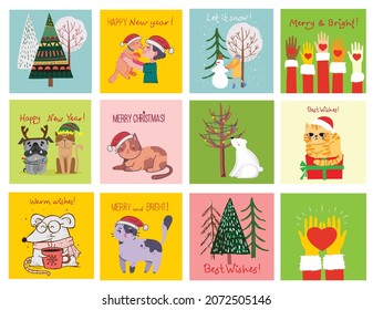 Christmas set of different animals and christmas symbol of the year tiger, rat, cat, dog with gifts and other