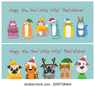 Conjunto navideño de diferentes orígenes con animales y símbolo de navidad del año tigre, gato, perro y regalos