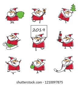 Christmas set of different Santa Clauses with christmas tree, presents, list and the poster with 2019